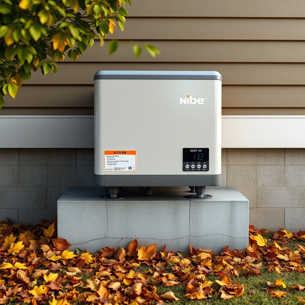 A photorealistic close-up of a Nibe S2125 outdoor unit mounted on a concrete foundation ne