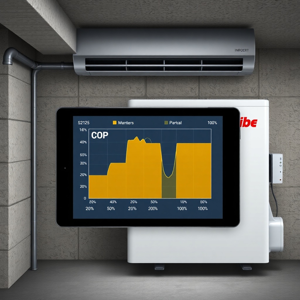 A photorealistic illustration of a Nibe S2125 indoor unit in a basement showing the contro