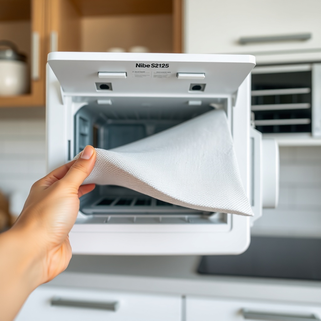 A photorealistic close-up shot of a clean white Nibe S2125 indoor unit with its front flap