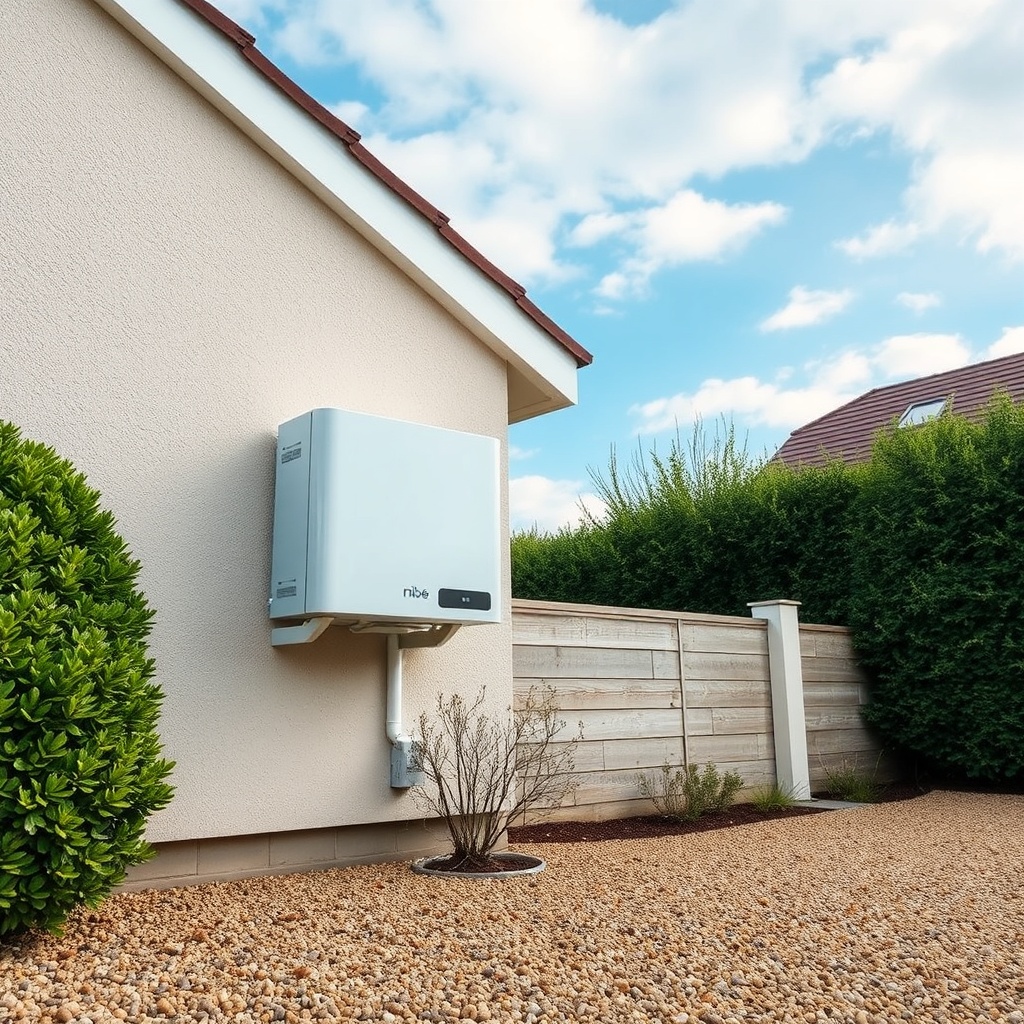 A photorealistic wide-angle shot of a modern white Nibe S2125 outdoor unit mounted on a ho