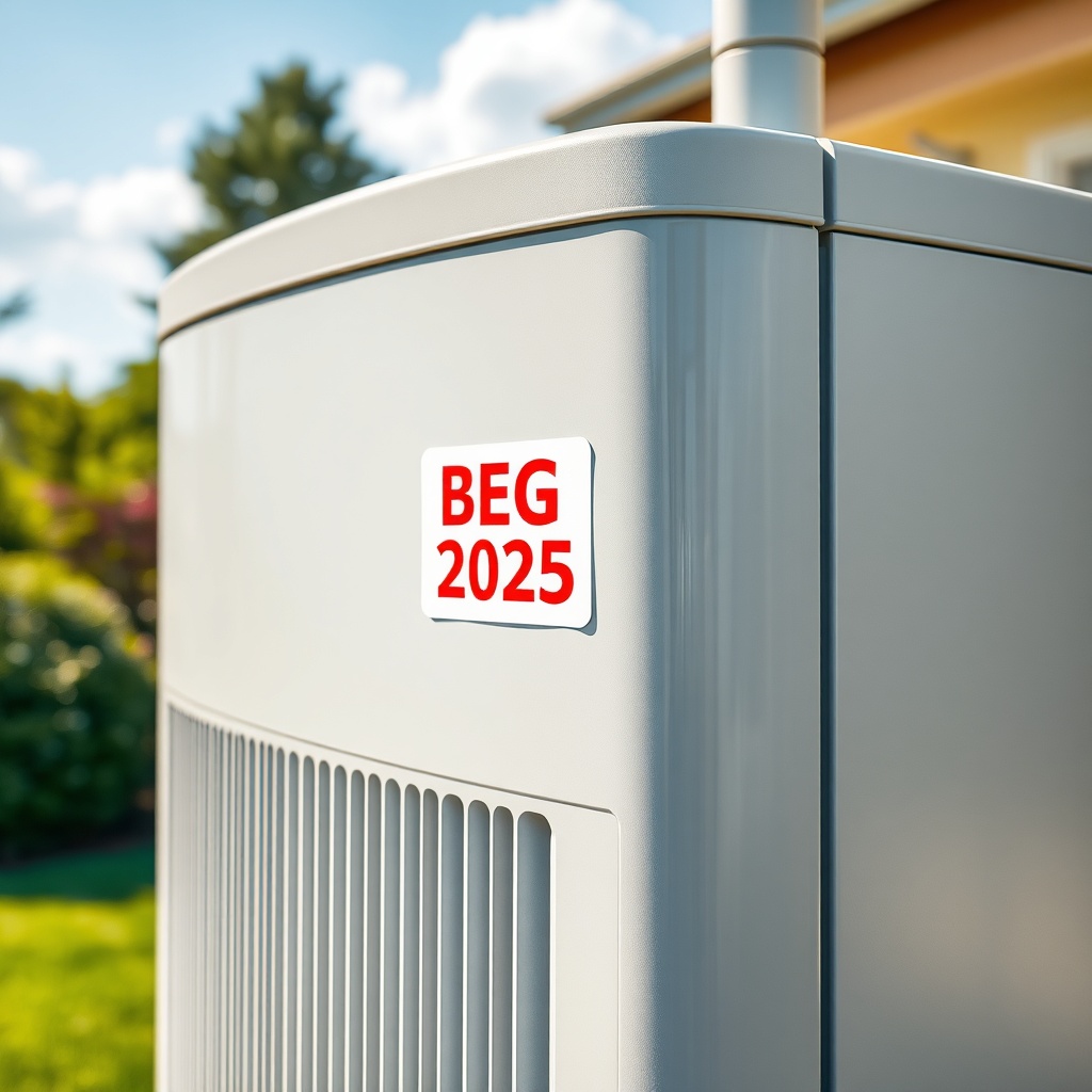 Photorealistic close-up of a Nibe S2125 outdoor unit with a bright sticker reading "BEG 20