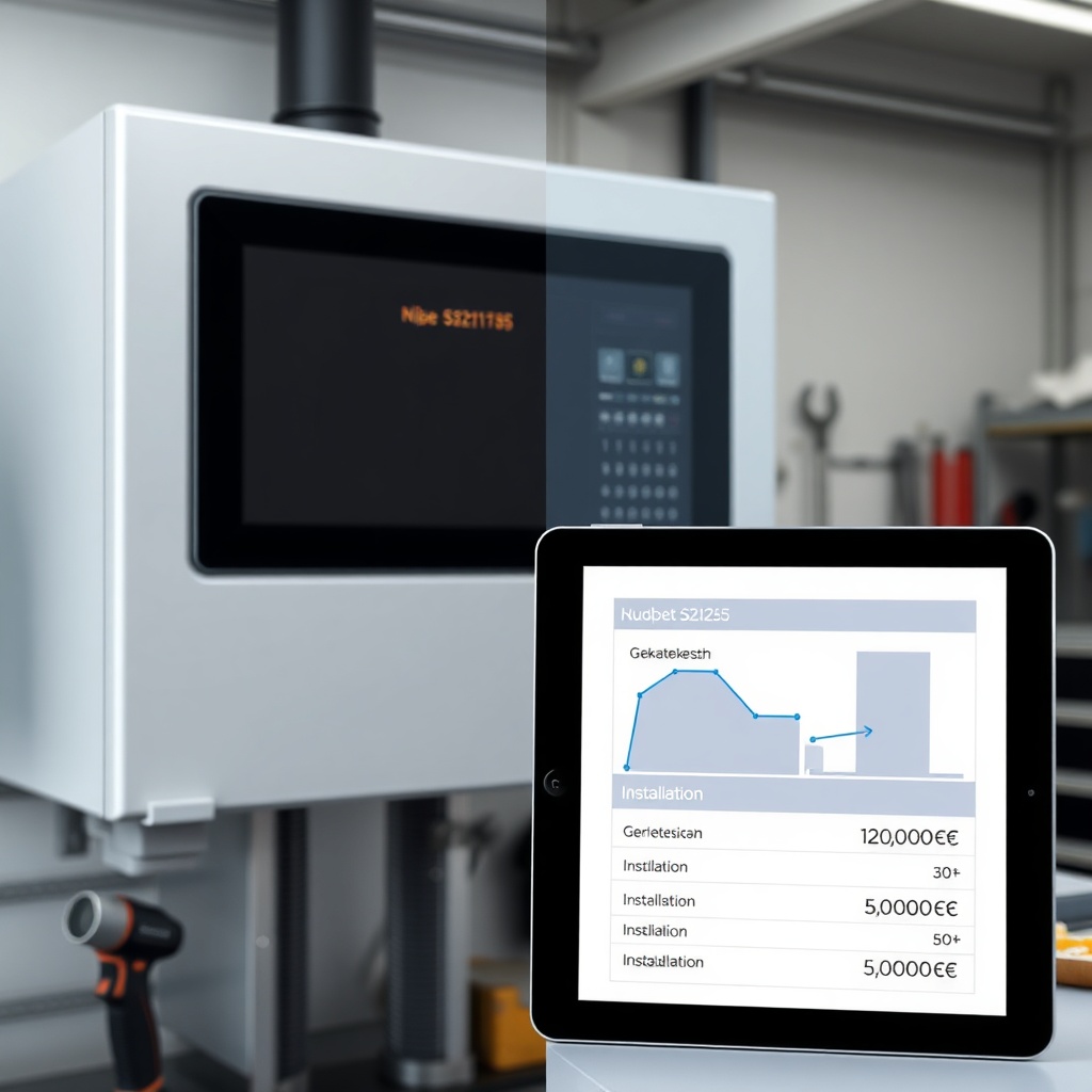 Photorealistic split view of a Nibe S2125 installation with a budget breakdown chart on a