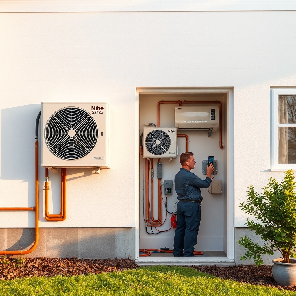 A modern white house with a Nibe S2125 outdoor unit mounted on a concrete base in the gard