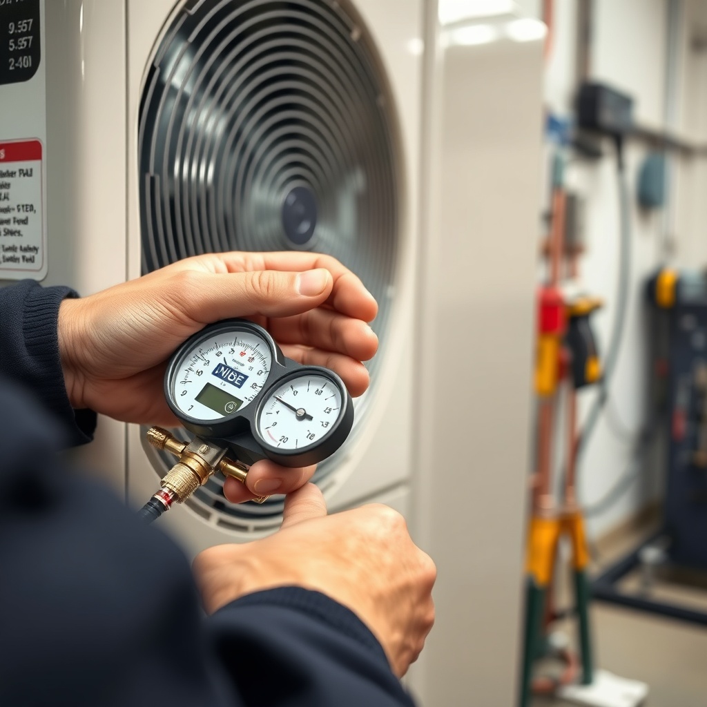 A close-up of a technician's hands using a digital manifold gauge set to check refrigerant