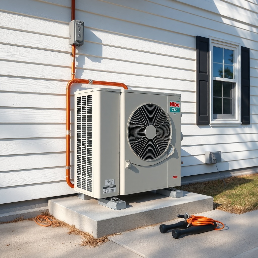 A Nibe S2125 outdoor unit mounted on a concrete pad against a white house wall