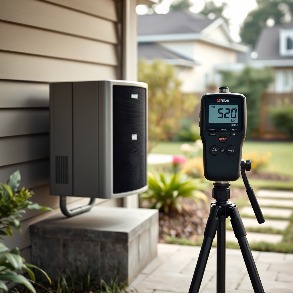 A photorealistic exterior shot of a Nibe S2125 outdoor unit mounted on a concrete pad near