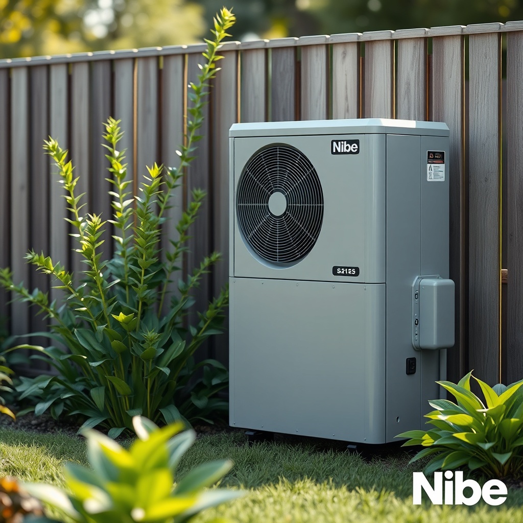 A photorealistic view of a Nibe S2125 outdoor unit in a garden setting