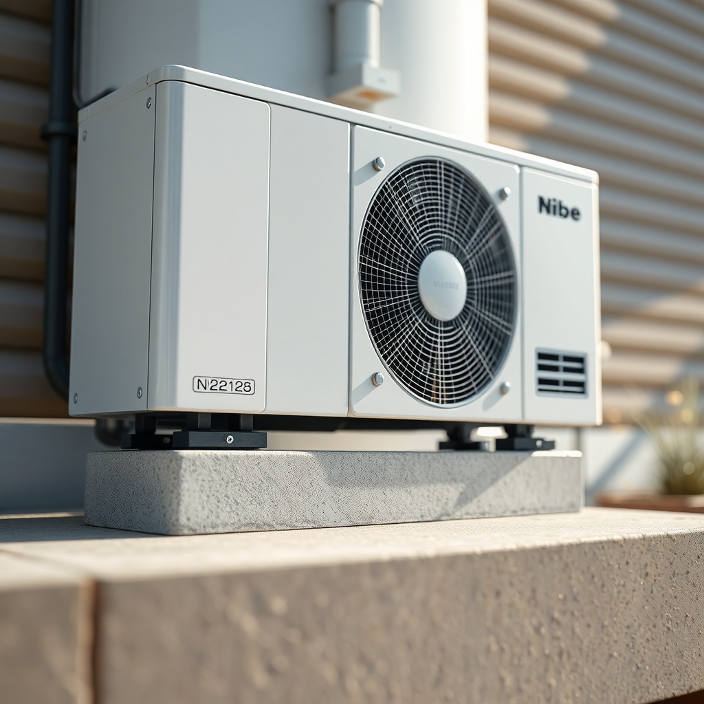 A close-up photorealistic photo of a Nibe S2125 outdoor unit shown with a rubber vibration