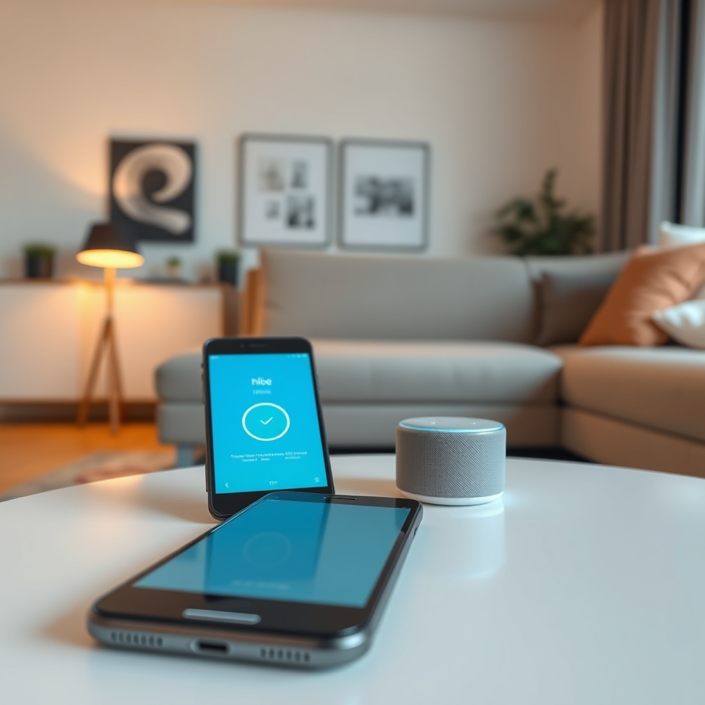 <A photorealistic indoor setting showing a modern German living room with a smartphone on