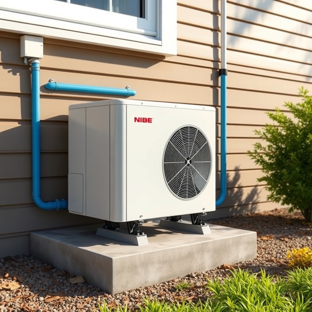 A clean photorealistic exterior shot of a white Nibe S2125 outdoor unit mounted on a concr