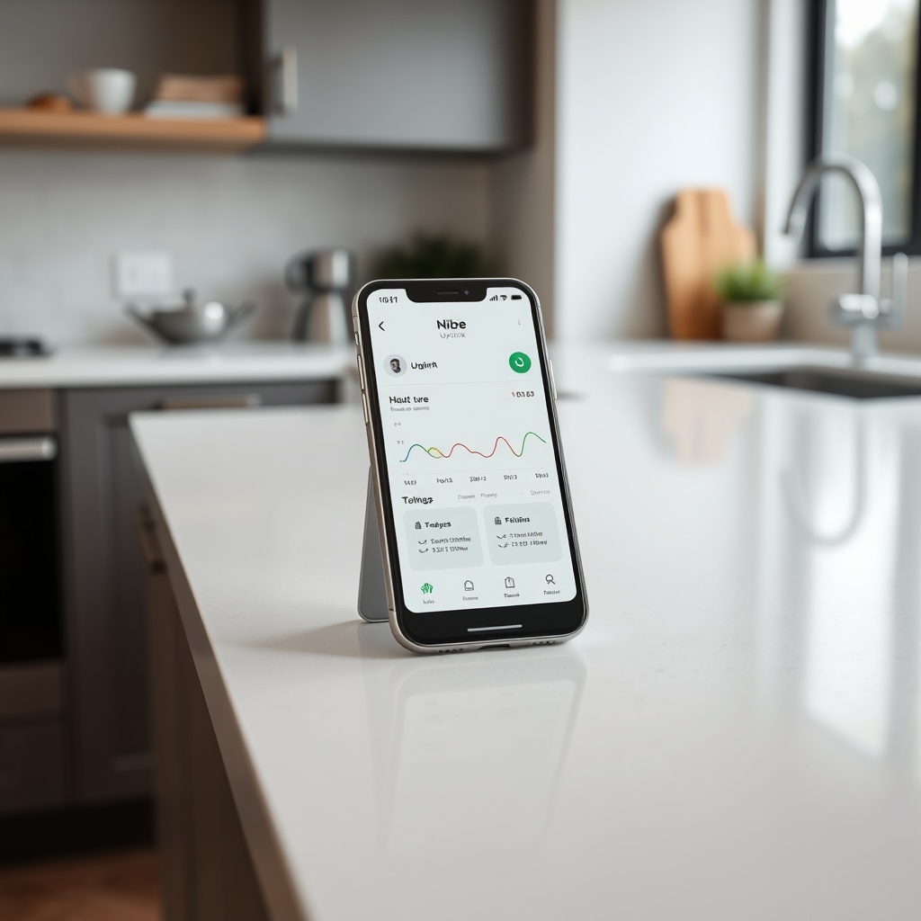 A photorealistic photo of a Nibe Uplink app displayed on a smartphone
