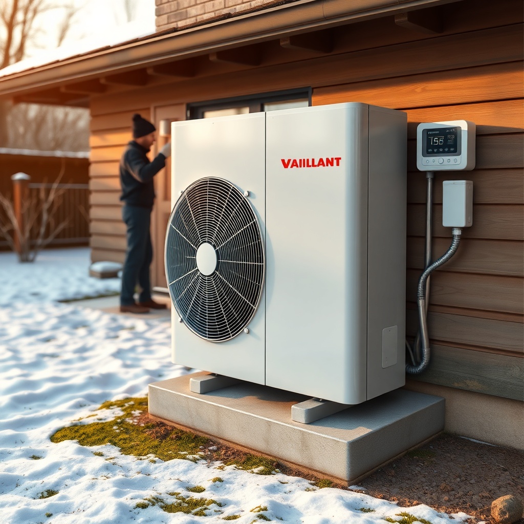 A clean photorealistic shot of a modern Vaillant aroTHERM plus outdoor unit mounted on a c