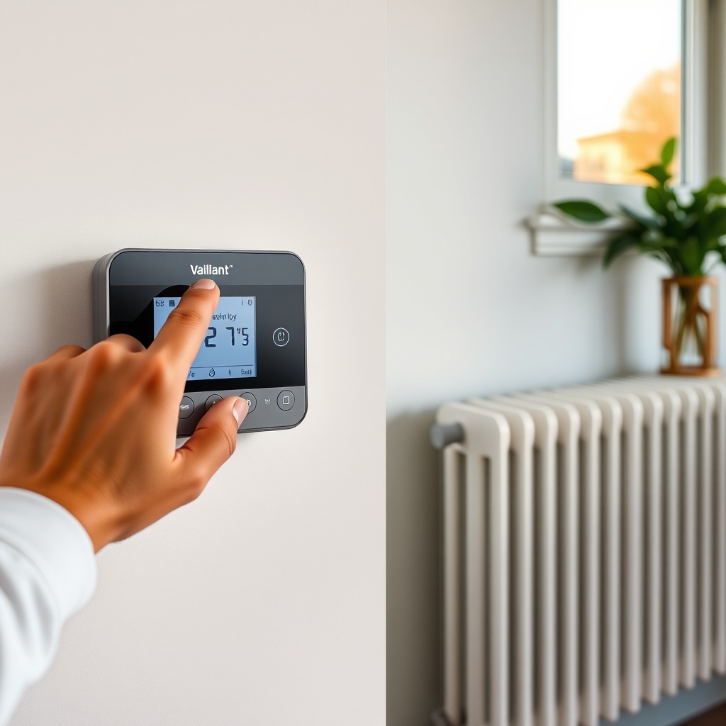 A realistic living room scene with a wall-mounted Vaillant VRC 700 thermostat showing a cl