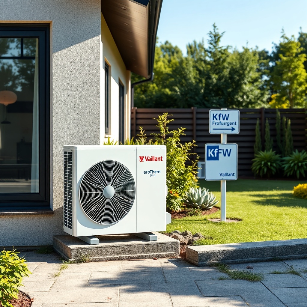 A clean photorealistic photo of a Vaillant aroTHERM plus outdoor unit installed on a concr