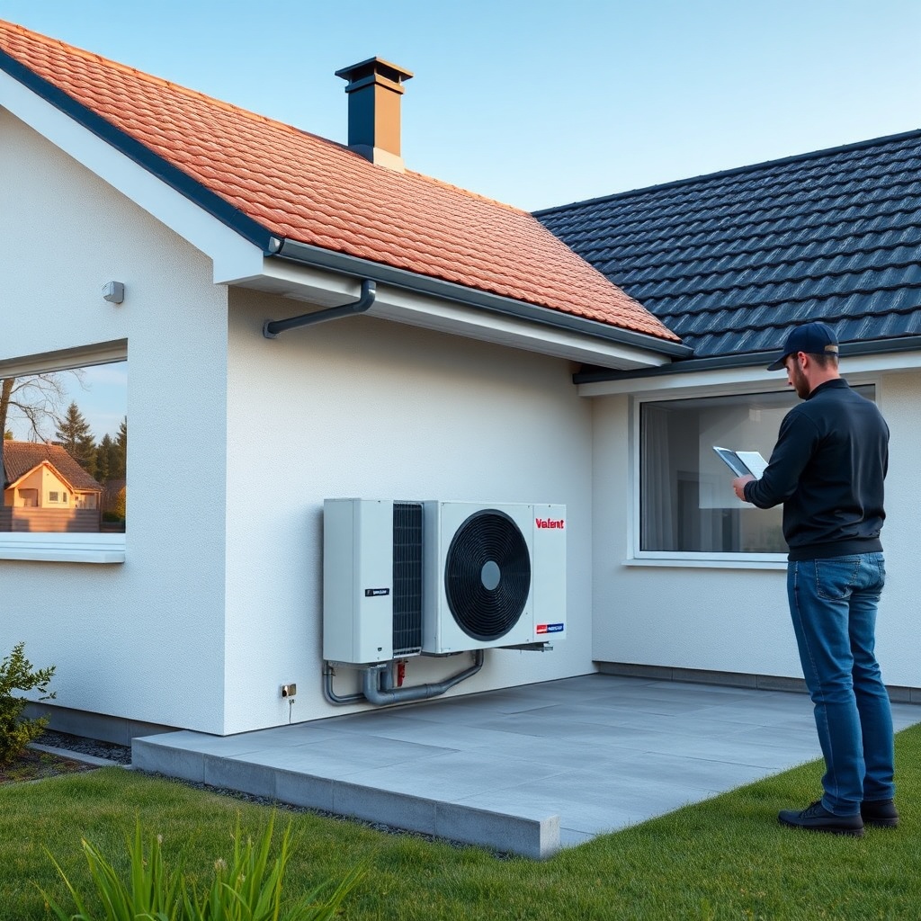Photorealistic photo of a modern single-family house with a Vaillant aroTHERM plus outdoor