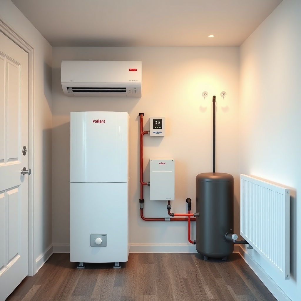 Photorealistic photo of an interior heating room with a Vaillant aroTHERM plus indoor unit