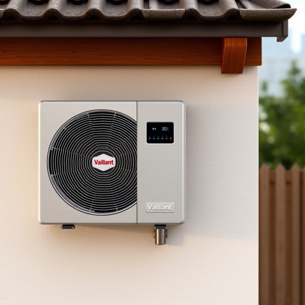 A clean photorealistic photo of a Vaillant aroTHERM plus outdoor unit mounted on a house w