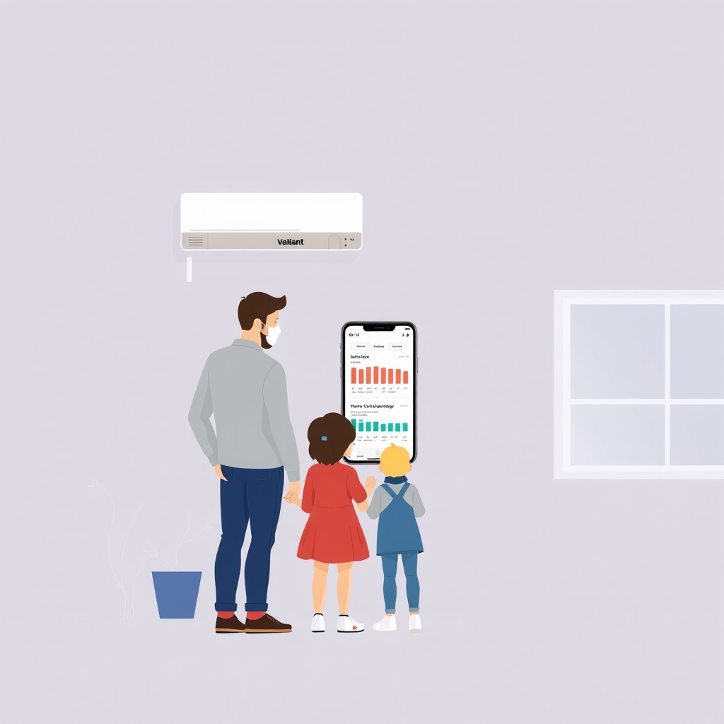 A simple photorealistic illustration of a family standing in front of a house with a Vaill