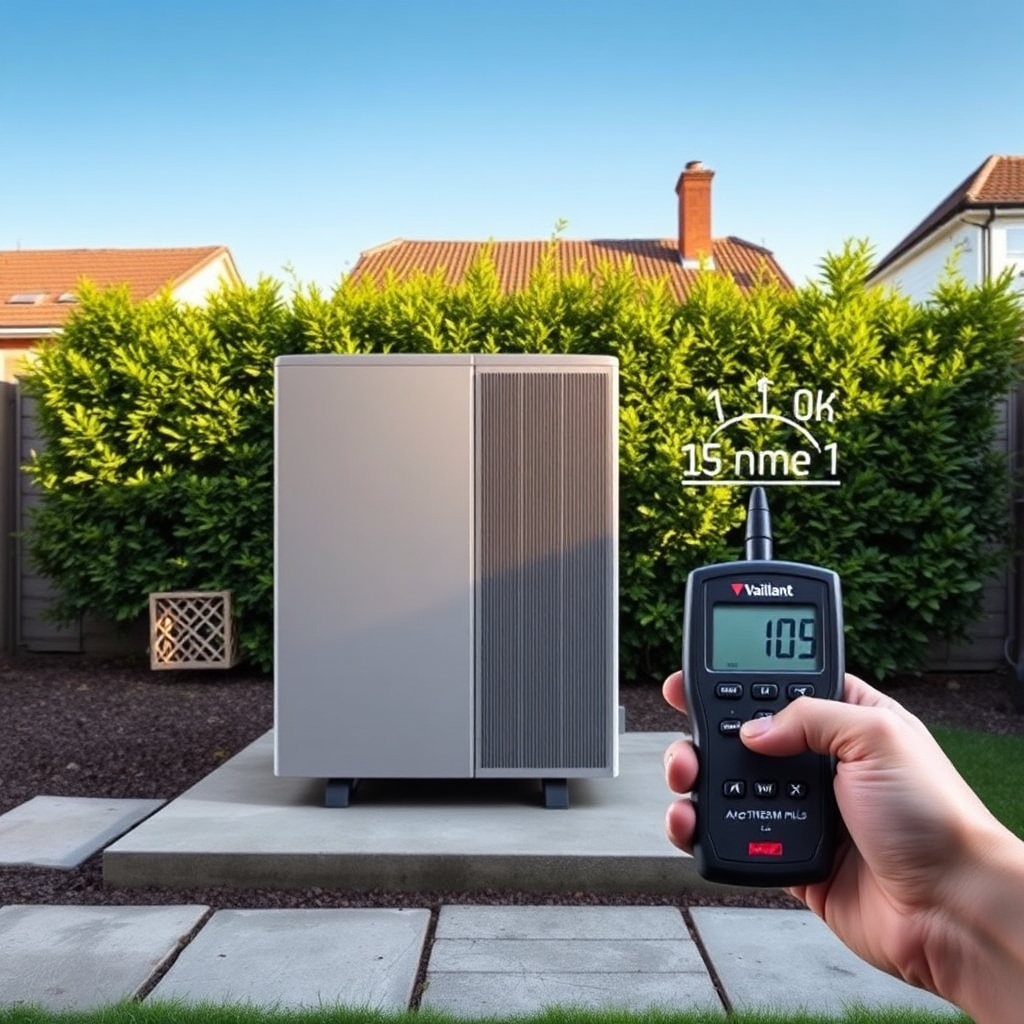 A detailed photorealistic photo of an outdoor Vaillant aroTHERM plus unit placed on a conc