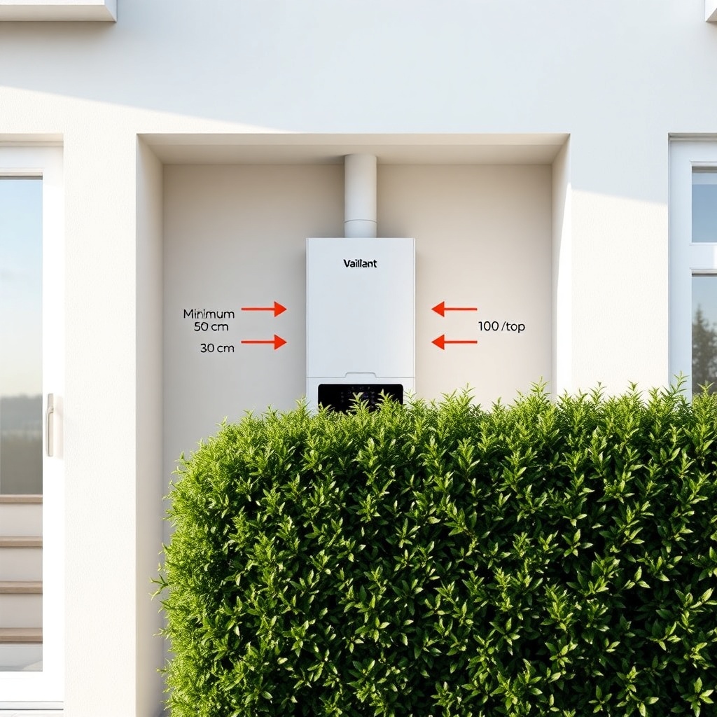 A photorealistic illustration of a Vaillant aroTHERM plus mounted in a semi-enclosed side