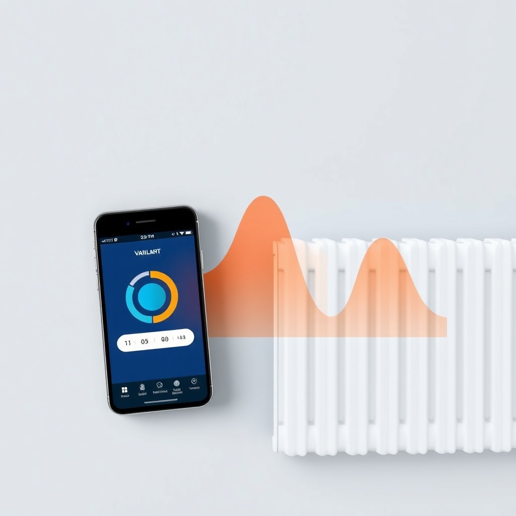 A photorealistic flat-lay illustration showing a smartphone screen with the Vaillant vSMAR