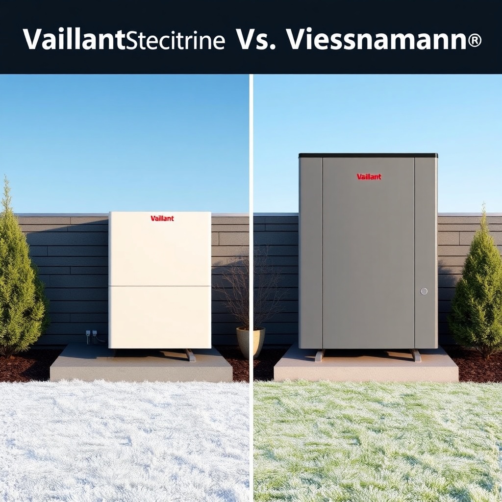 A photorealistic split comparison showing a Vaillant aroTHERM plus outdoor unit on the lef