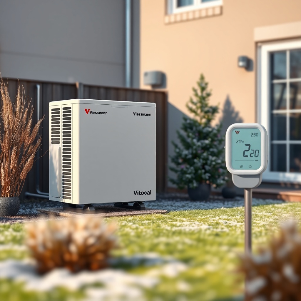 A clean photorealistic illustration of a Viessmann Vitocal 200-S outdoor unit installed in