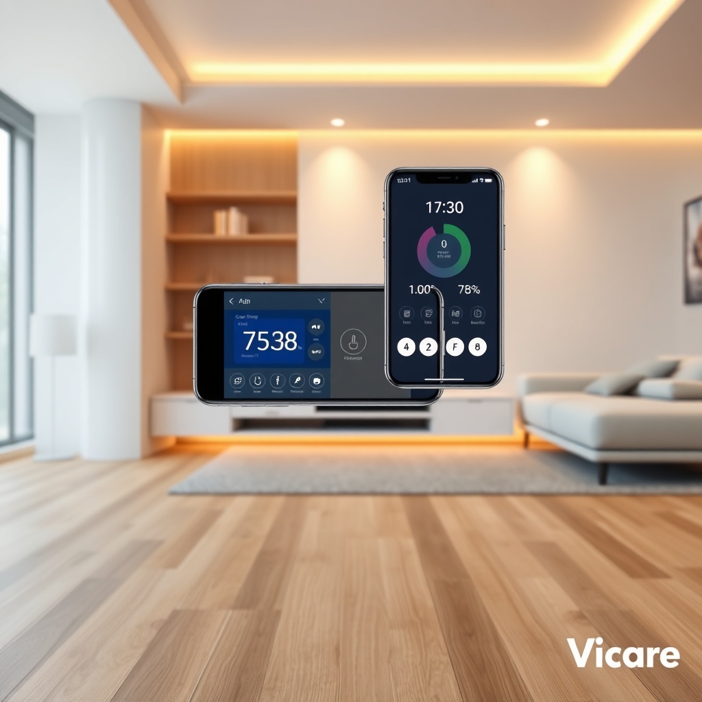A realistic photograph of a modern living room with underfloor heating control panel