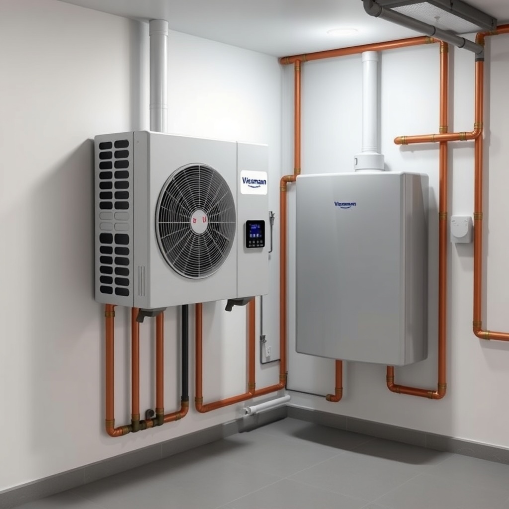 A clean photorealistic photo of a modern German basement showing a Viessmann Vitocal 200-S