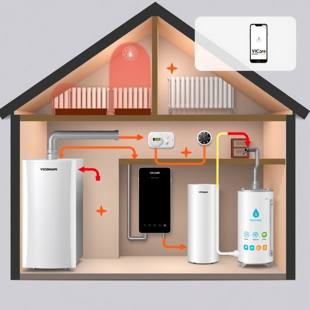 A photorealistic illustration showing a cross-section of a house with a basement: a Viessm