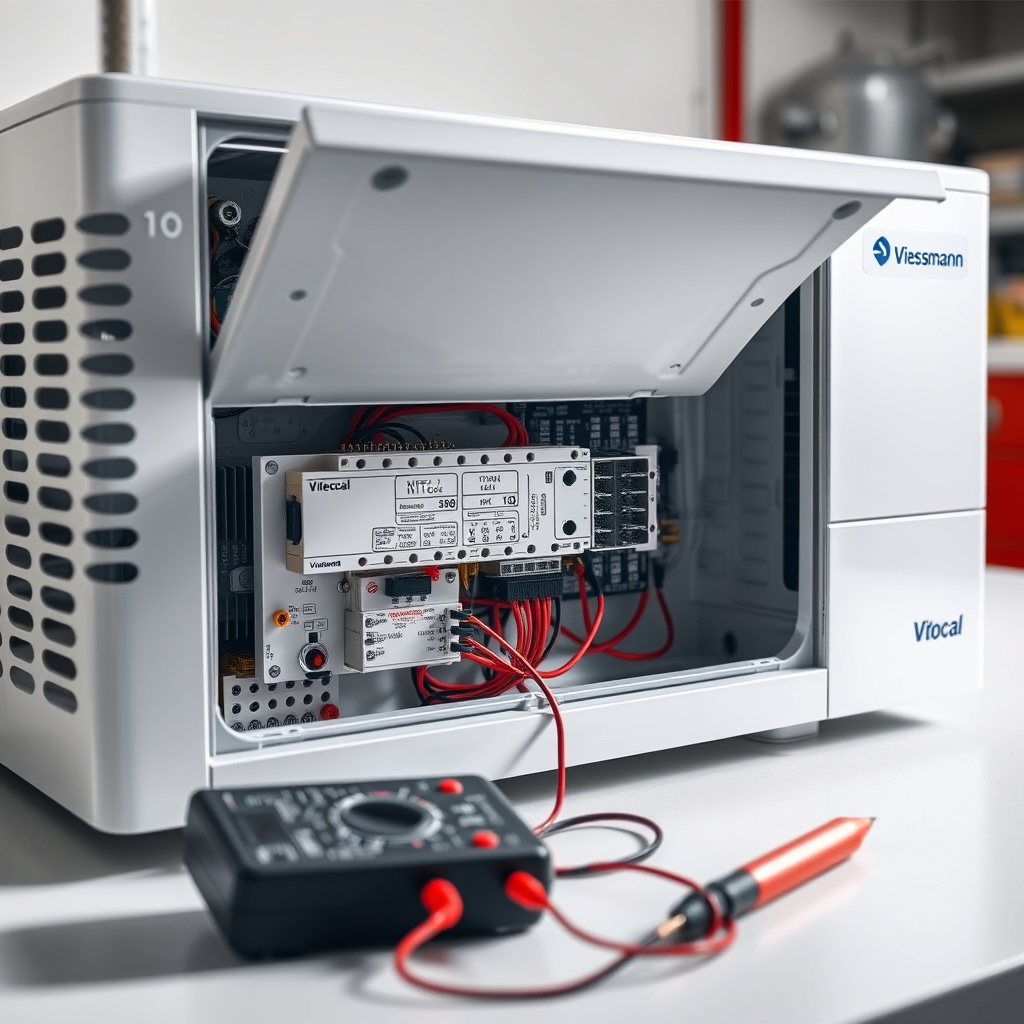 Photorealistic close-up image of a white Viessmann Vitocal 200-S heat pump indoor unit wit