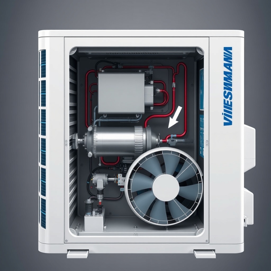 Photorealistic illustration of a cutaway view of a Viessmann Vitocal 200-S outdoor unit