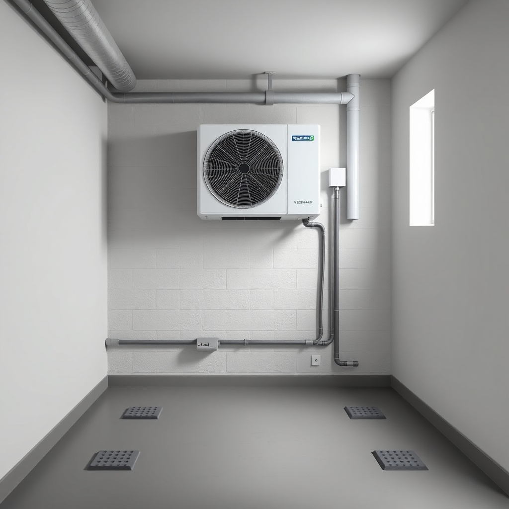 A photorealistic interior shot of a clean German basement or utility room with a Viessmann