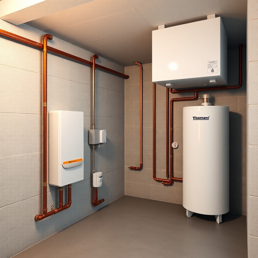 A photorealistic wide-angle shot of a modern German basement with a Viessmann Vitocal 200-