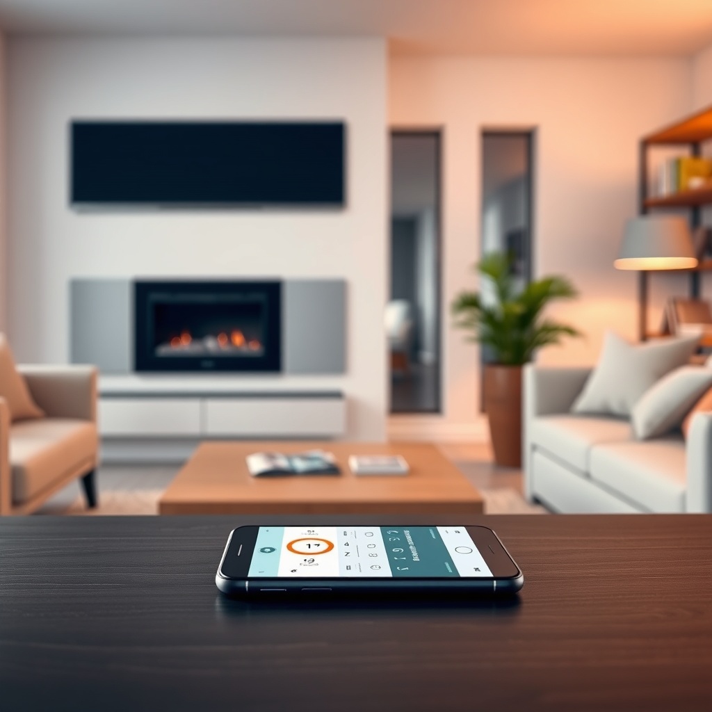 Photorealistic image of a modern living room with a Viessmann Vitocal 200-S unit visible i