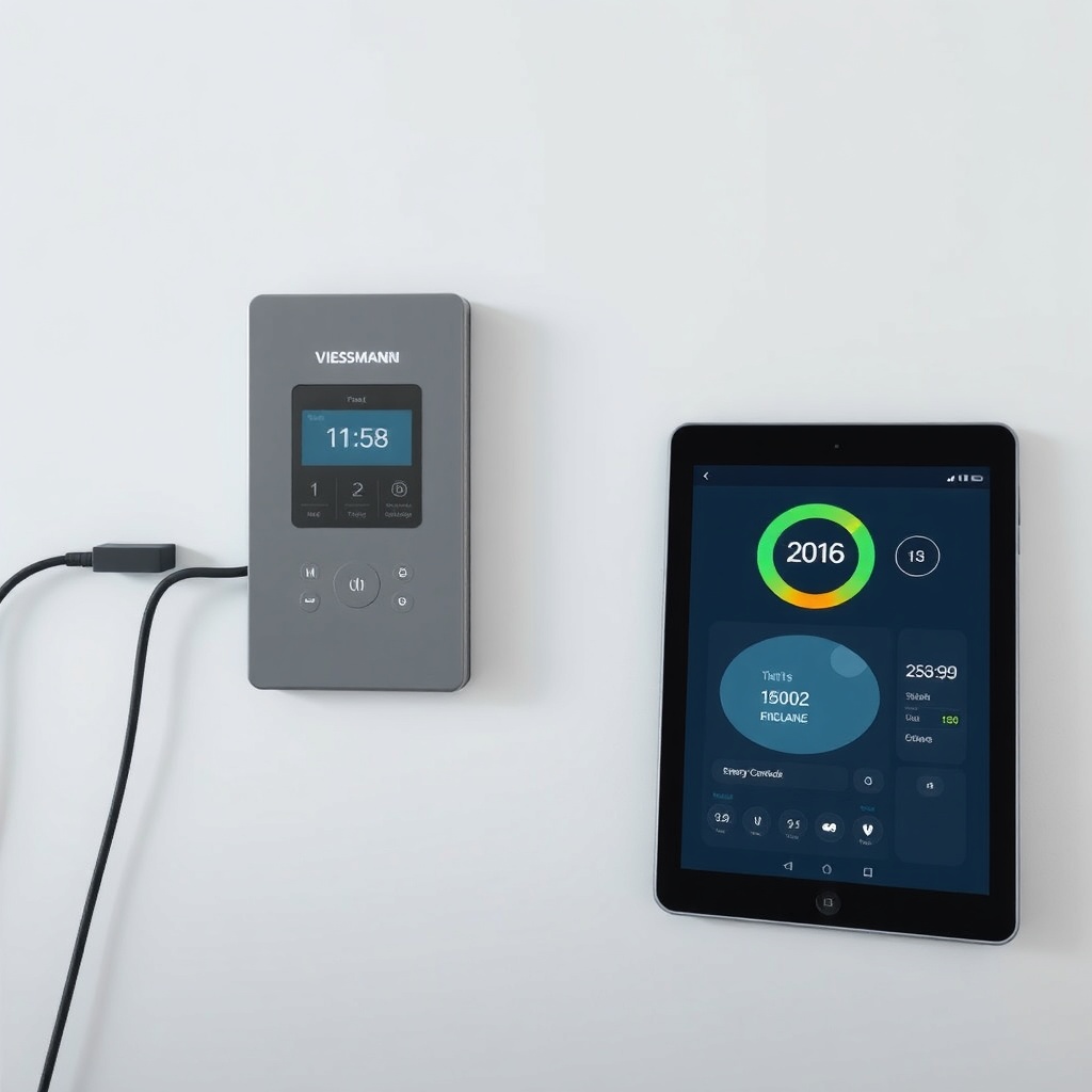Photorealistic image of a modern smart home control panel with a Viessmann Vitocal 200-S u