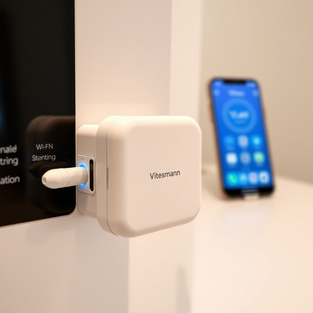A close-up photo of a white Viessmann Vitoconnect gateway with a blue LED light