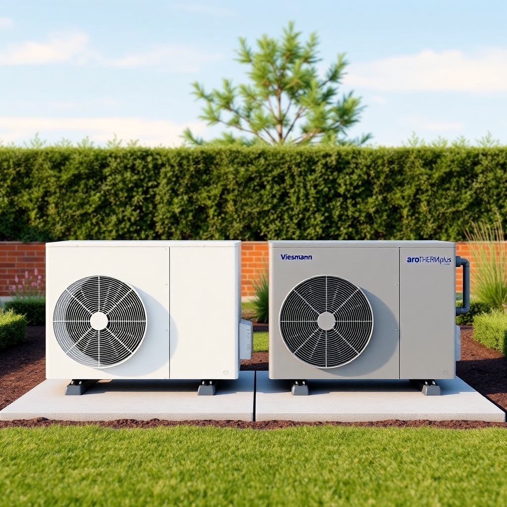 A photorealistic comparison shot showing the white Viessmann Vitocal 200-S outdoor unit on