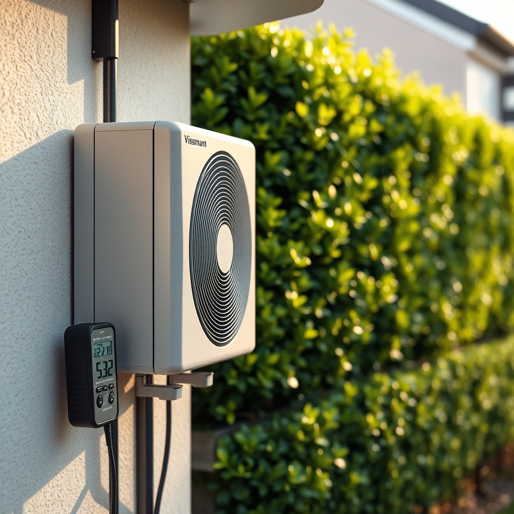 A close-up photorealistic photo of the side of a Viessmann Vitocal 200-S outdoor unit on a