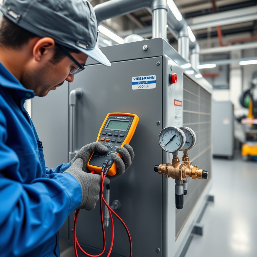 A close-up photorealistic photo of a technician in blue workwear using a multimeter to mea