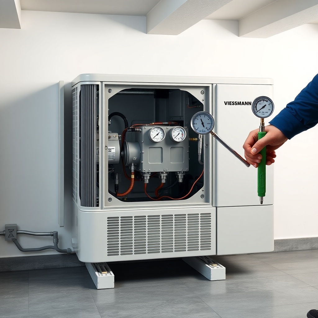 A photorealistic medium shot of a Viessmann Vitocal 200-S indoor unit with the front panel