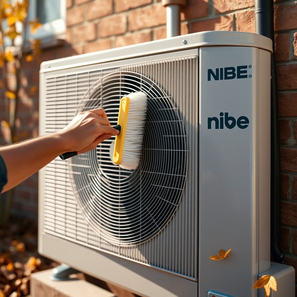 Photorealistic image of a person cleaning the outdoor unit of a Nibe S2125 heat pump with