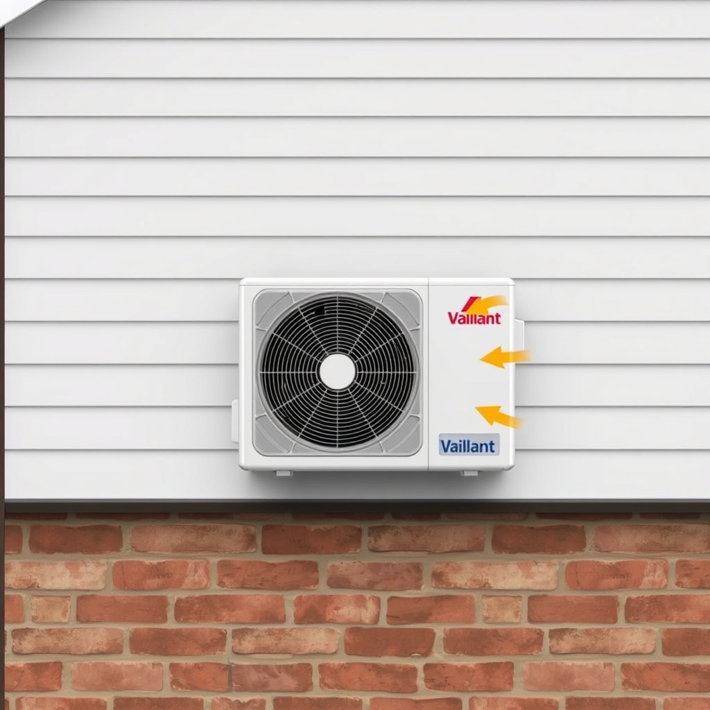 A clean photorealistic illustration showing a section of a house wall with a Vaillant aroT