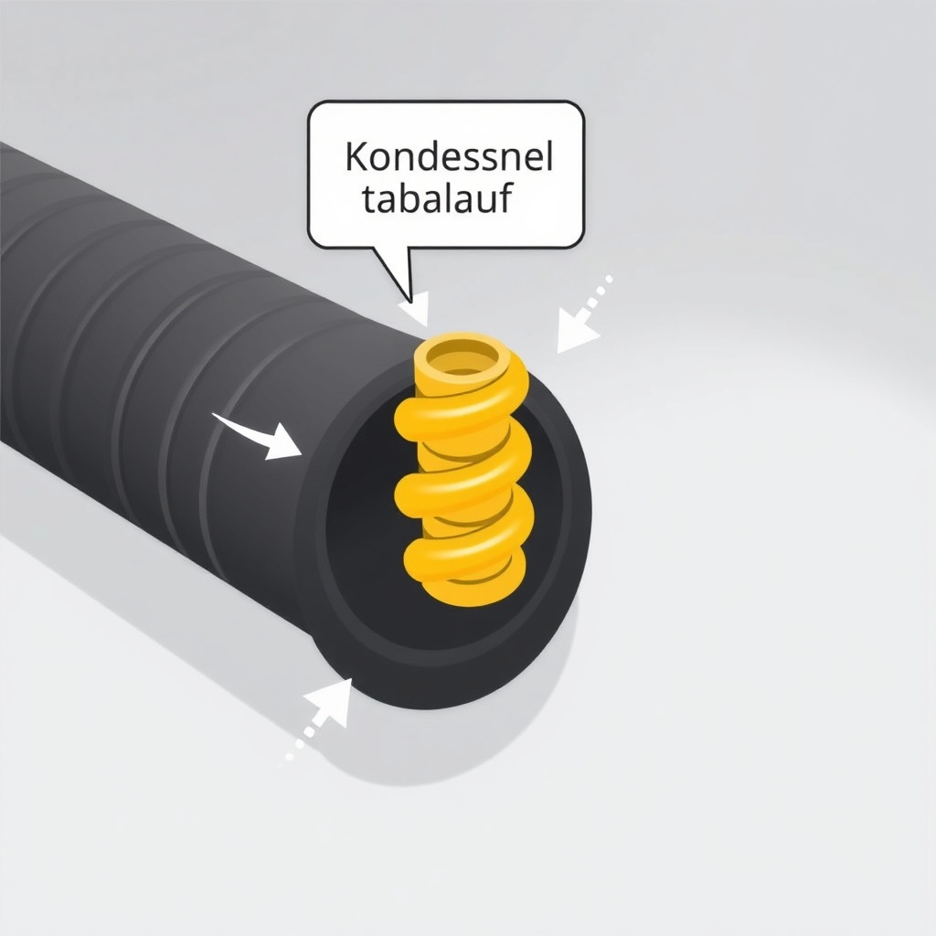 A simple illustration showing a black drain hose of a heat pump outdoor unit with a yellow
